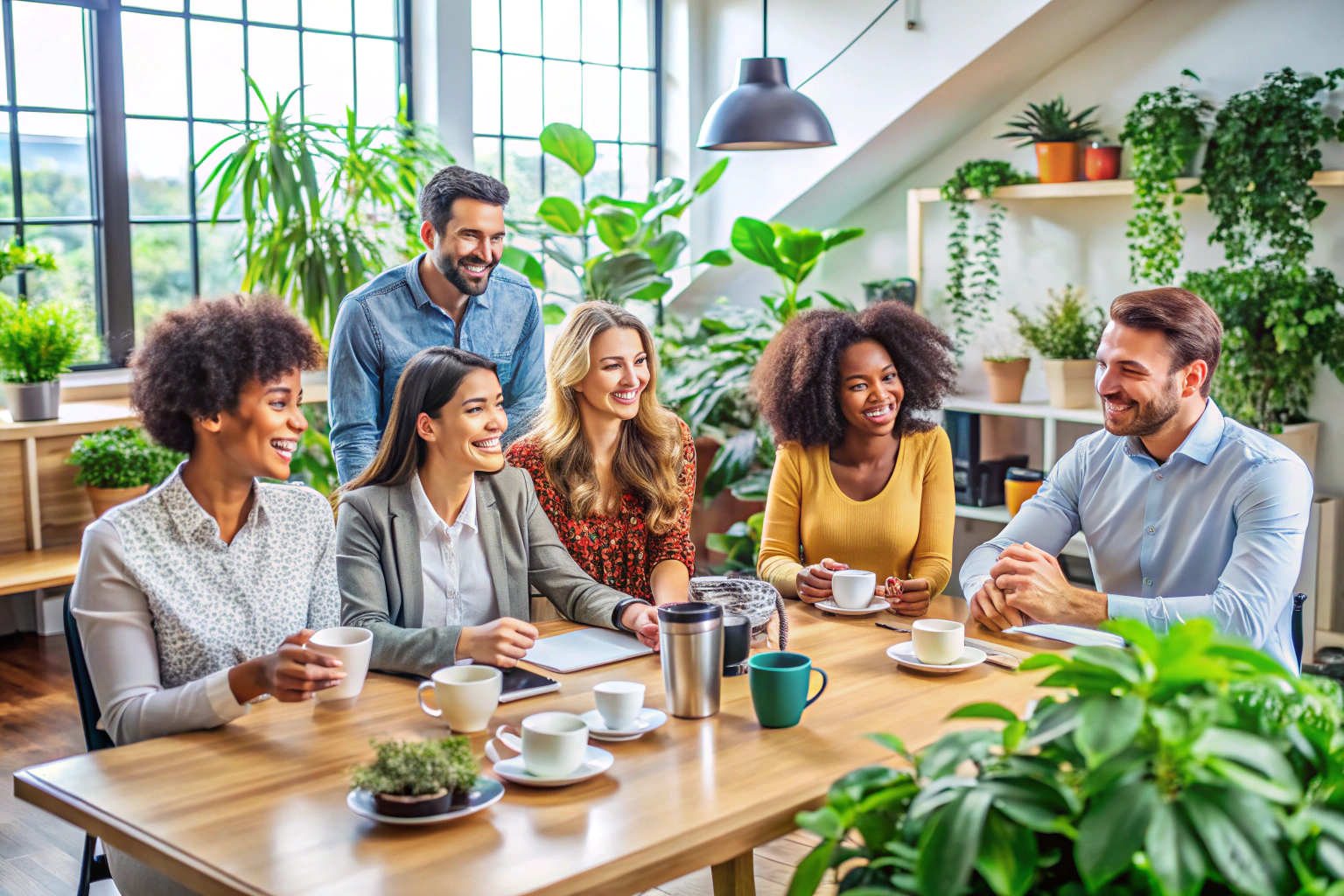 Ein Bild eines vielfältigen Teams von Menschen, die in einem hellen Raum um einen Tisch mit Kaffeepflanzen und Ausrüstung versammelt sind, lächelnd und in Diskussion vertieft, ohne erkennbare Marken oder Symbole
