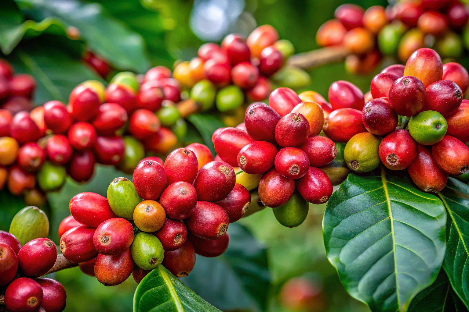 Eine Nahaufnahme von Kaffeekirschen an einem Zweig, einige reif und rot, andere noch grün, in einer natürlichen Umgebung ohne erkennbare Markierungen