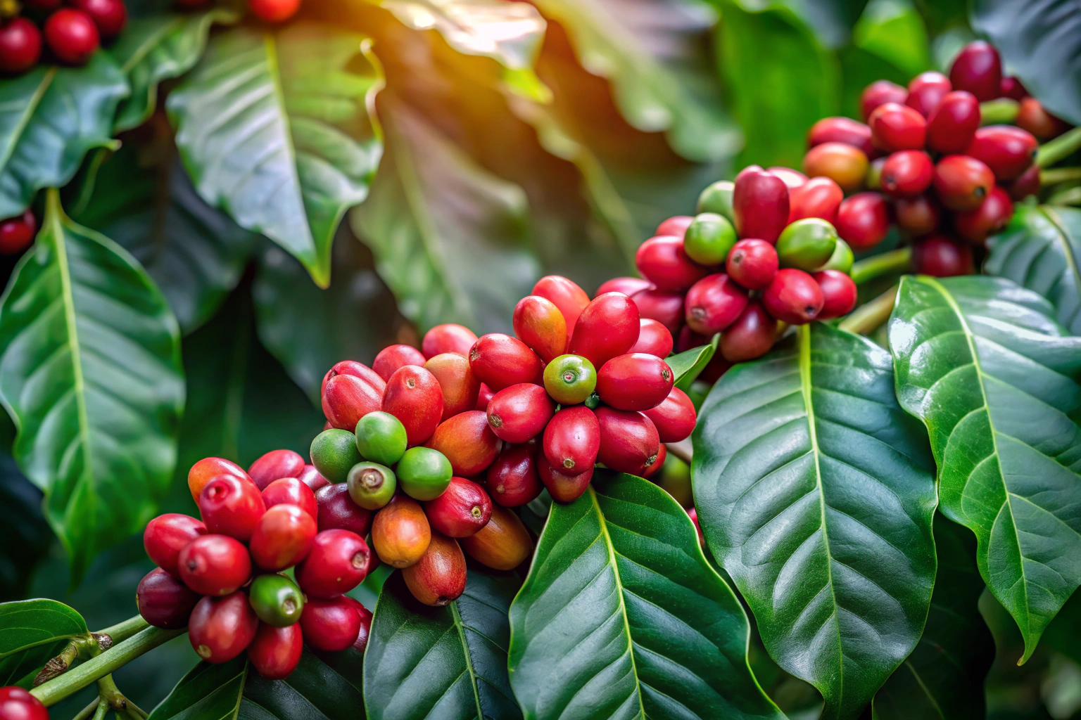 Eine detaillierte Abbildung einer Kaffeepflanze im Wachstum, mit grünen Blättern und roten Beeren, in natürlichem Licht ohne erkennbare Markierungen oder Text