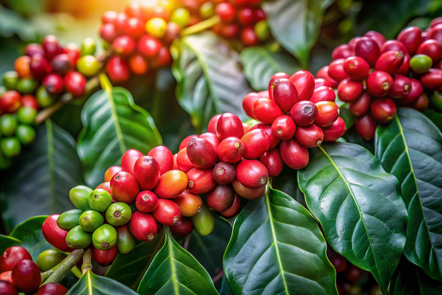 Eine detaillierte Darstellung einer Kaffeepflanze mit grünen Blättern und roten Kaffeekirschen, die in einer natürlichen Umgebung wächst, um die Schönheit und Vielfalt des Kaffeeanbaus zu symbolisieren