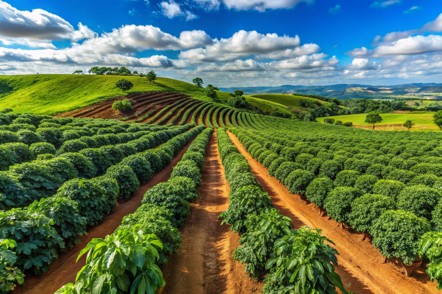 Eine Panoramaansicht einer brasilianischen Kaffeeplantage mit Reihen von Kaffeepflanzen unter einem blauen Himmel, keine erkennbaren Symbole oder Texte