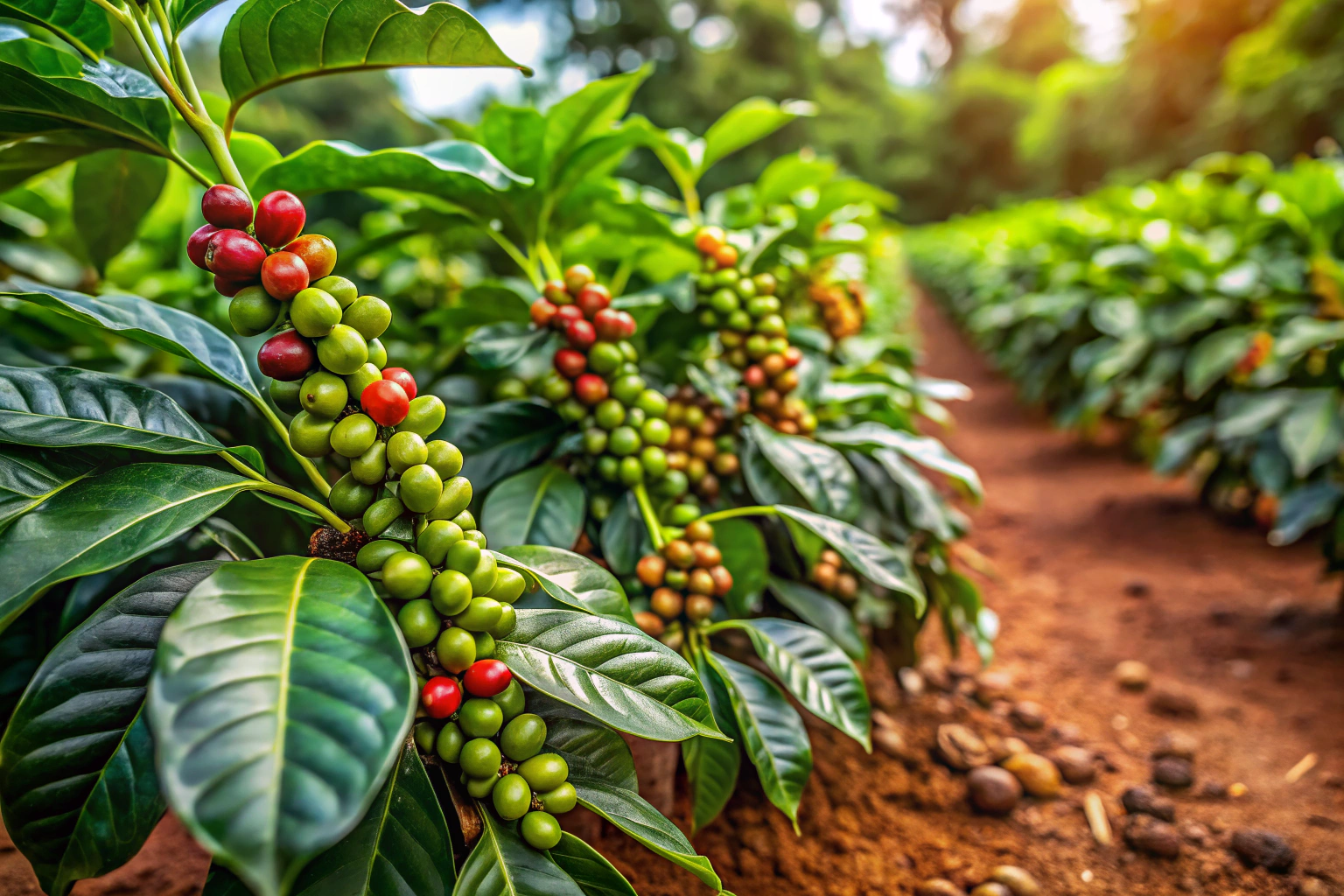 A close-up view of organic coffee plants with healthy green leaves and rich soil, showing no signs of chemicals or artificial inputs